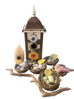 Decorative White and Brown Hollow Floral Birdhouse with Yellow and Blue Accents
